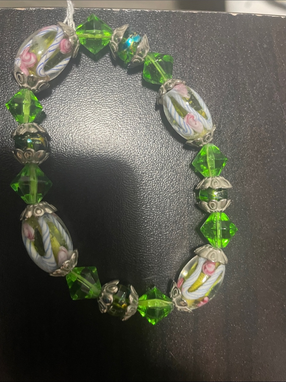Green Glass Bead Stretch Bracelet with Floral Lampwork Accents